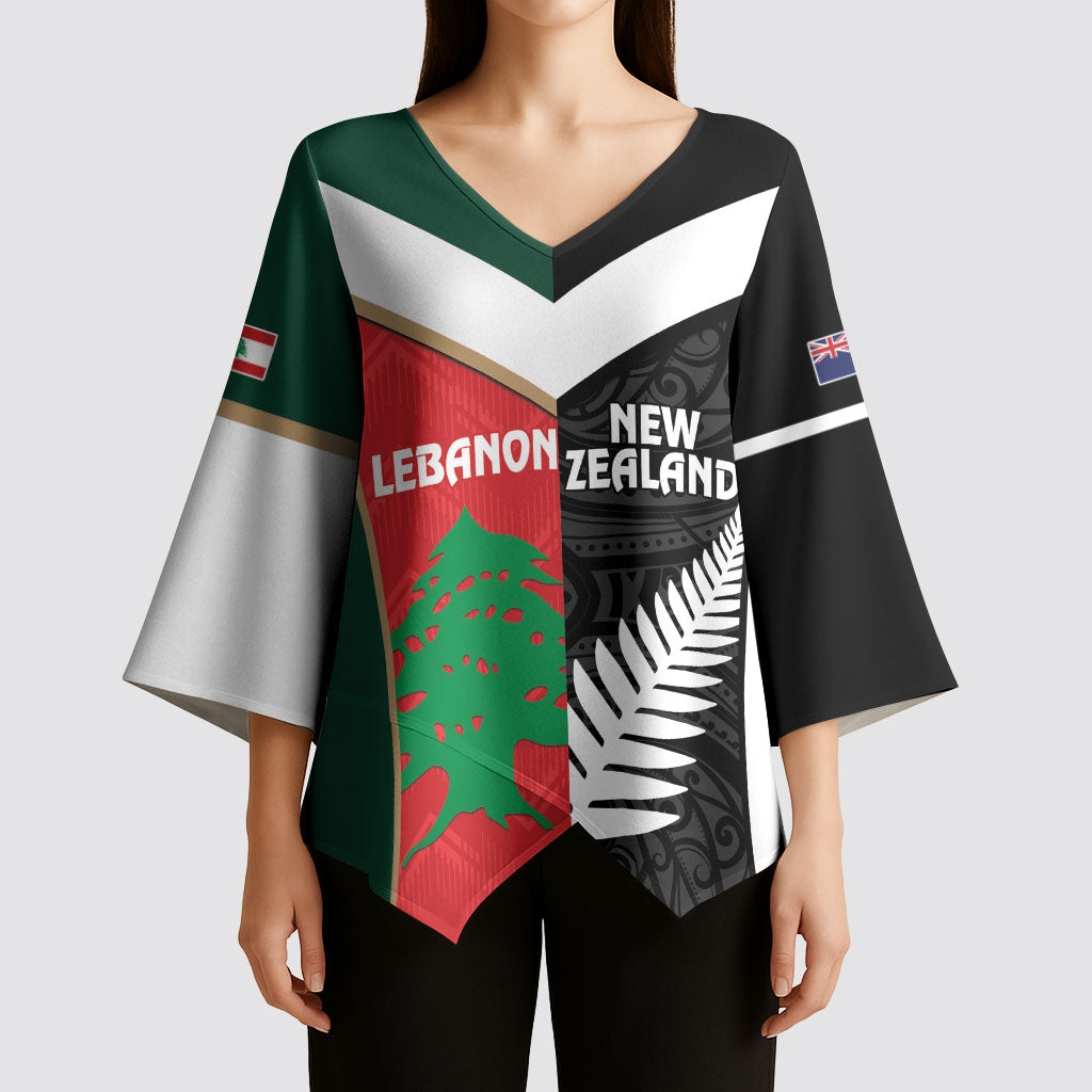 Custom Rugby New Zealand and Lebanon Kimono Sleeve Blouse All Black Cedars Together LT14 - Polynesian Pride