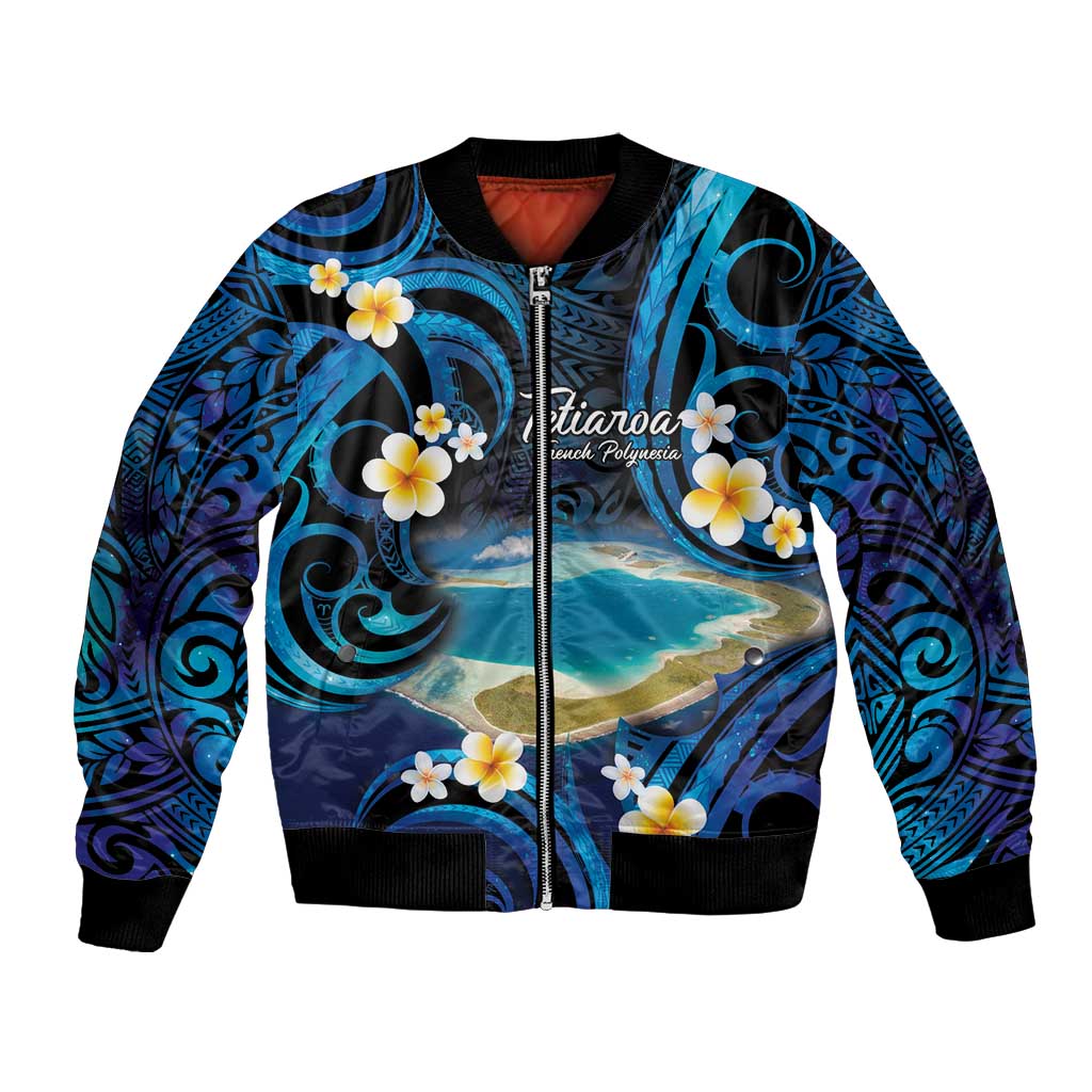 French Polynesia Tetiaroa Atoll Bomber Jacket Polynesian Curves Style LT14 Unisex Blue - Polynesian Pride