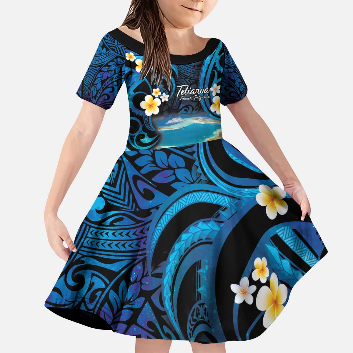 French Polynesia Tetiaroa Atoll Kid Short Sleeve Dress Polynesian Curves Style LT14 KID Blue - Polynesian Pride
