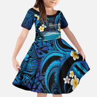 French Polynesia Tetiaroa Atoll Kid Short Sleeve Dress Polynesian Curves Style LT14 KID Blue - Polynesian Pride