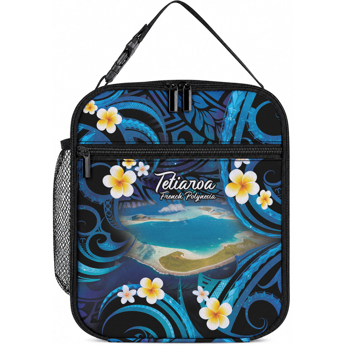French Polynesia Tetiaroa Atoll Lunch Bag Polynesian Curves Style LT14 10.2 × 8.3 × 4.3 inch Blue - Polynesian Pride