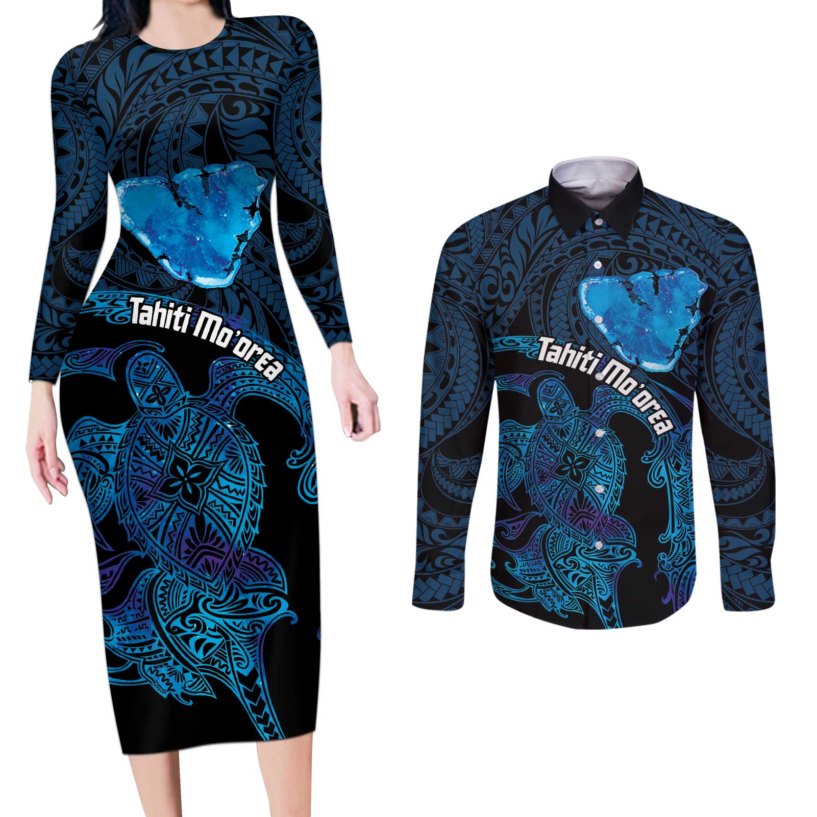 Personalised Tahiti Moorea Atoll Couples Matching Long Sleeve Bodycon Dress and Long Sleeve Button Shirt Polynesian Sea Turtle