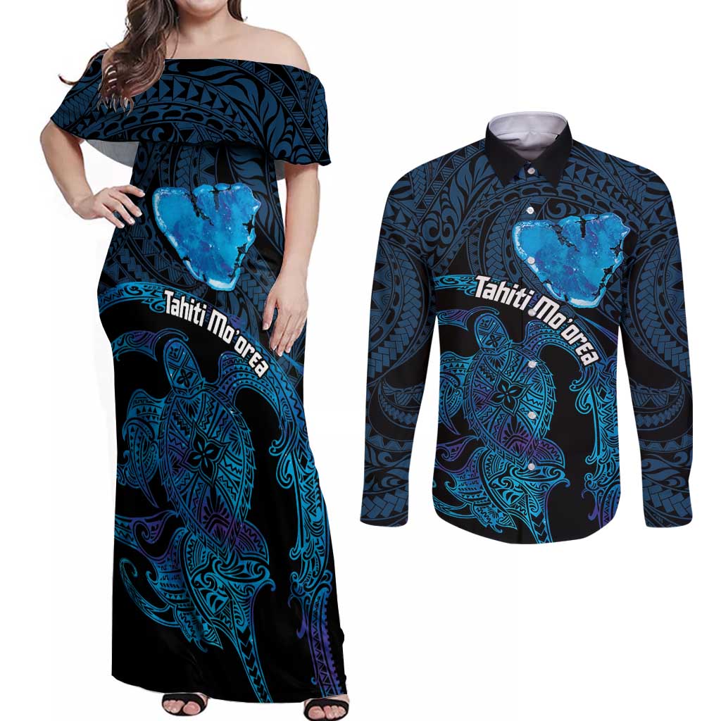 Personalised Tahiti Moorea Atoll Couples Matching Off Shoulder Maxi Dress and Long Sleeve Button Shirt Polynesian Sea Turtle