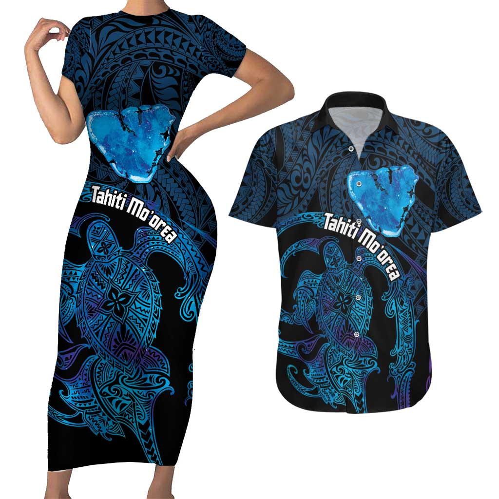 Personalised Tahiti Moorea Atoll Couples Matching Short Sleeve Bodycon Dress and Hawaiian Shirt Polynesian Sea Turtle