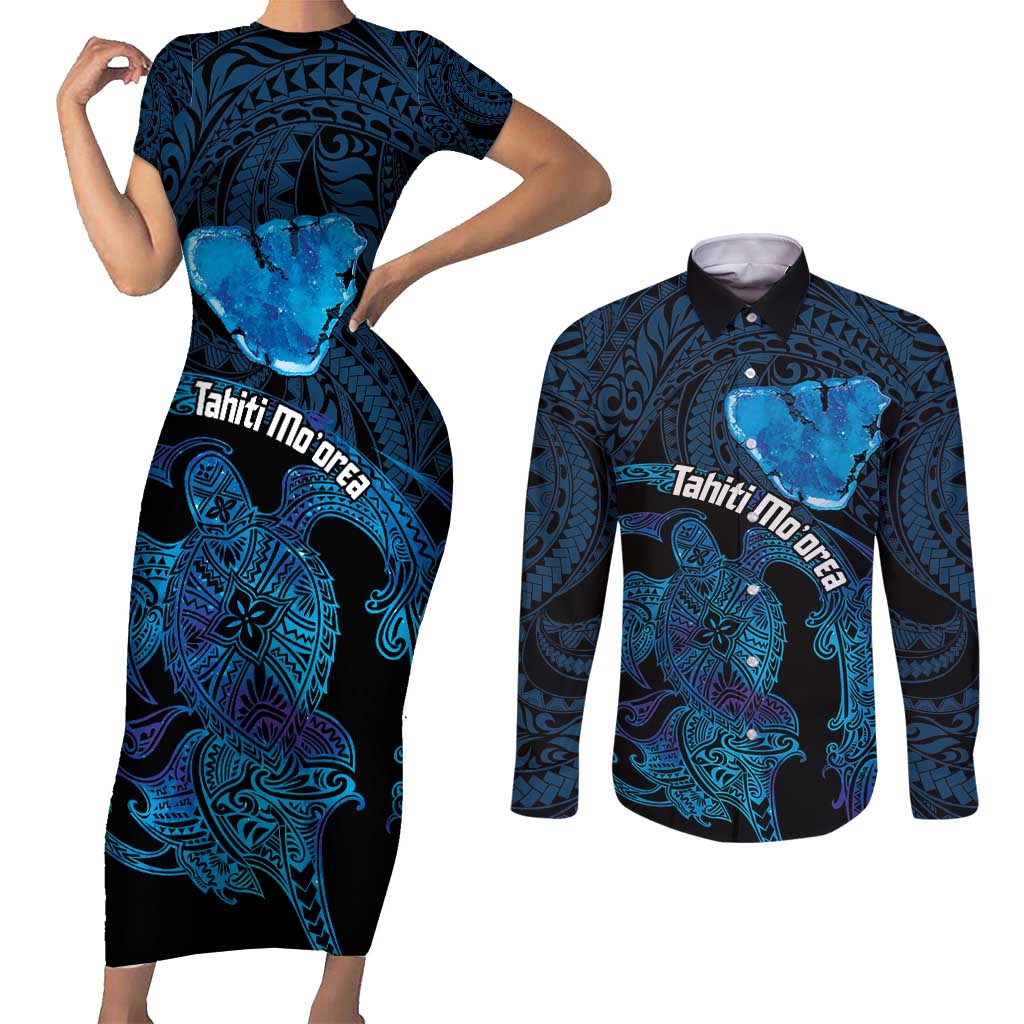 Personalised Tahiti Moorea Atoll Couples Matching Short Sleeve Bodycon Dress and Long Sleeve Button Shirt Polynesian Sea Turtle