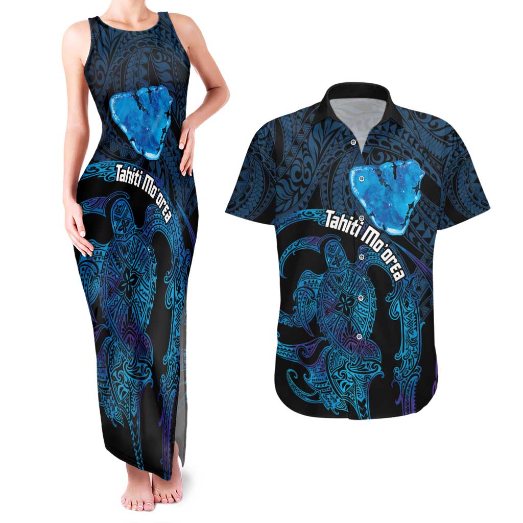 Personalised Tahiti Moorea Atoll Couples Matching Tank Maxi Dress and Hawaiian Shirt Polynesian Sea Turtle