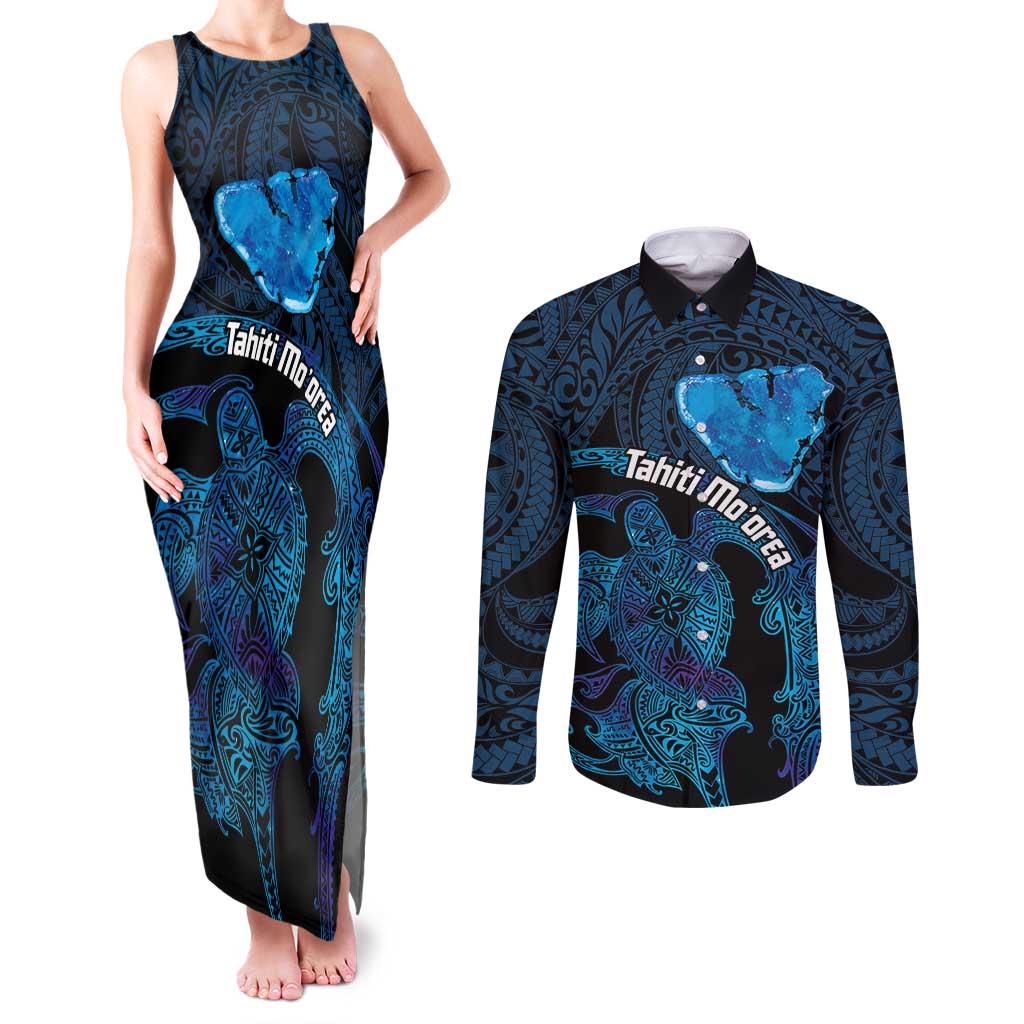 Personalised Tahiti Moorea Atoll Couples Matching Tank Maxi Dress and Long Sleeve Button Shirt Polynesian Sea Turtle