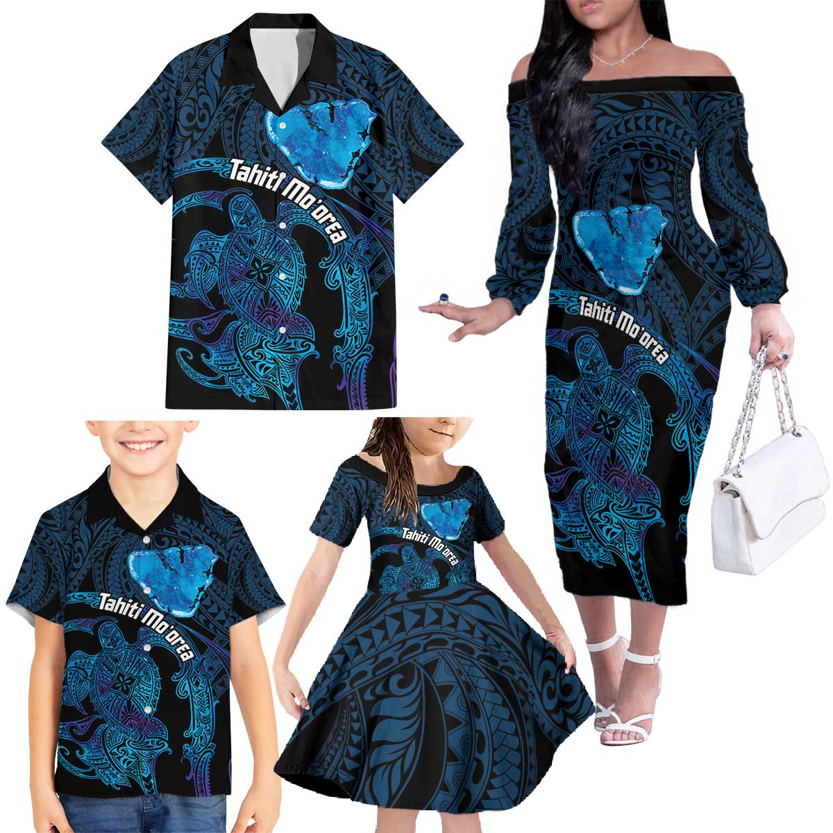 Personalised Tahiti Moorea Atoll Family Matching Off The Shoulder Long Sleeve Dress and Hawaiian Shirt Polynesian Sea Turtle