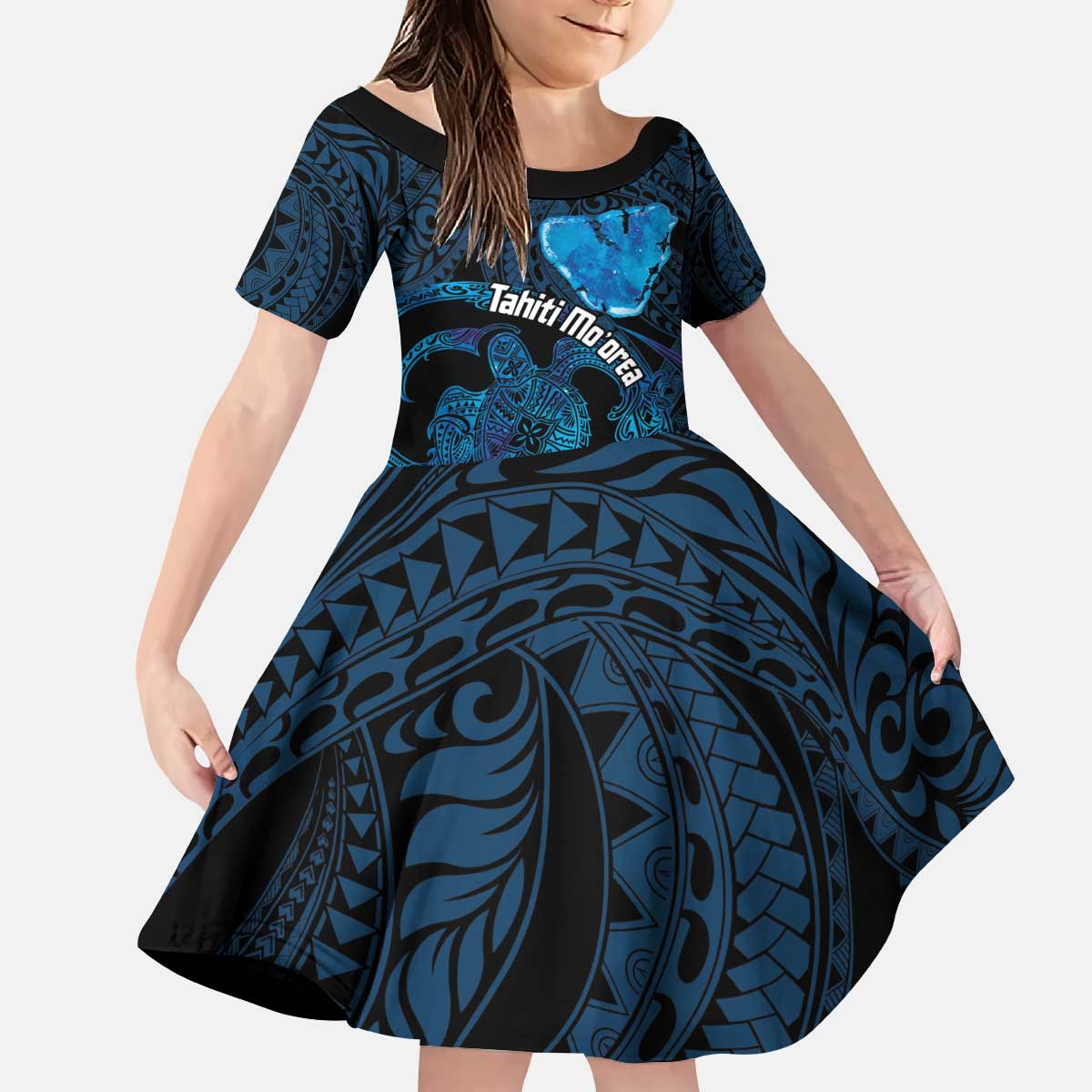 Personalised Tahiti Moorea Atoll Kid Short Sleeve Dress Polynesian Sea Turtle LT14 KID Blue - Polynesian Pride