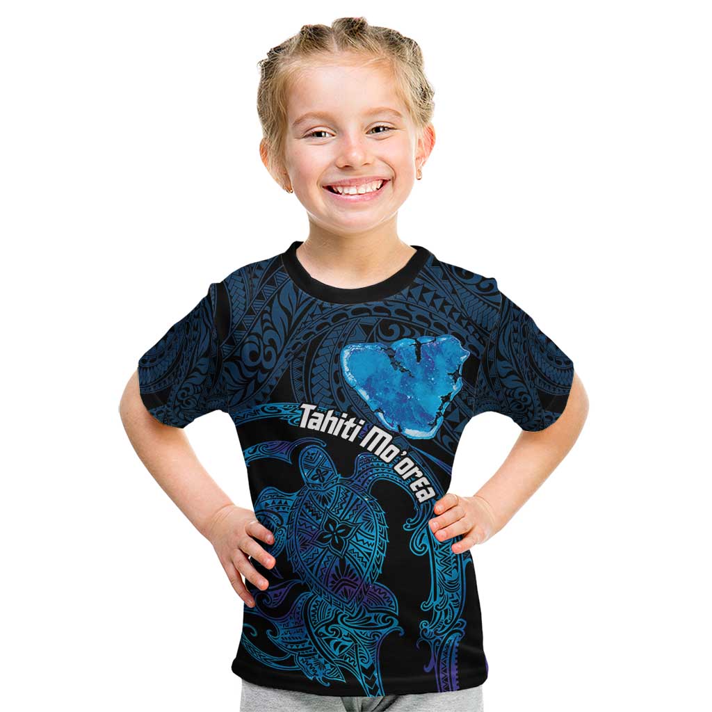 Personalised Tahiti Moorea Atoll Kid T Shirt Polynesian Sea Turtle LT14 Blue - Polynesian Pride