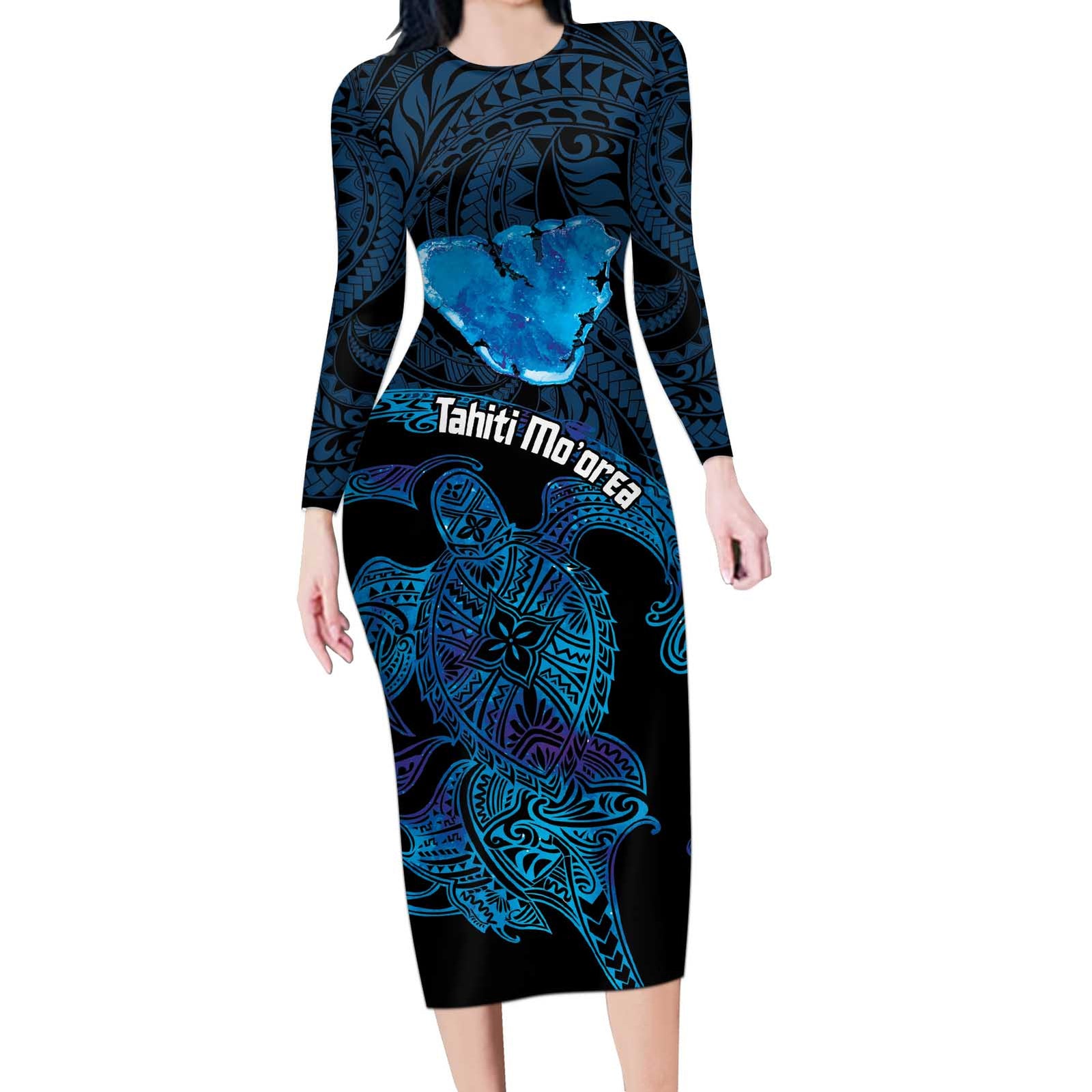 Personalised Tahiti Moorea Atoll Long Sleeve Bodycon Dress Polynesian Sea Turtle LT14 Long Dress Blue - Polynesian Pride