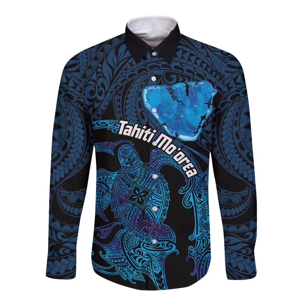 Personalised Tahiti Moorea Atoll Long Sleeve Button Shirt Polynesian Sea Turtle LT14 Unisex Blue - Polynesian Pride