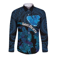 Personalised Tahiti Moorea Atoll Long Sleeve Button Shirt Polynesian Sea Turtle LT14 Unisex Blue - Polynesian Pride