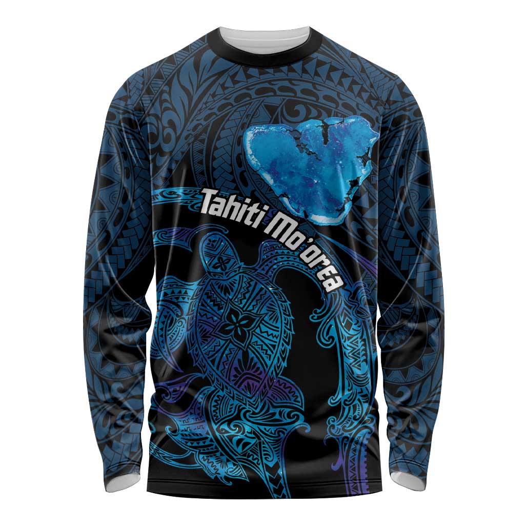 Personalised Tahiti Moorea Atoll Long Sleeve Shirt Polynesian Sea Turtle LT14 Unisex Blue - Polynesian Pride