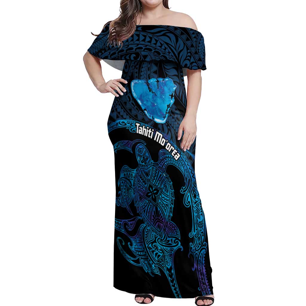 Personalised Tahiti Moorea Atoll Off Shoulder Maxi Dress Polynesian Sea Turtle