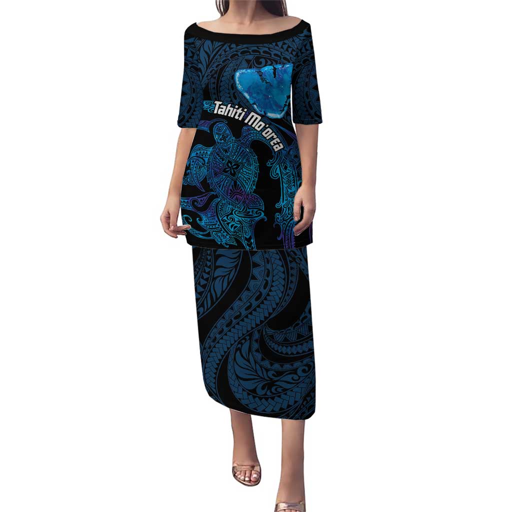 Personalised Tahiti Moorea Atoll Puletasi Polynesian Sea Turtle LT14 Long Dress Blue - Polynesian Pride