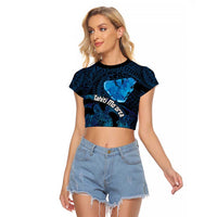Personalised Tahiti Moorea Atoll Raglan Cropped T Shirt Polynesian Sea Turtle LT14 Female Blue - Polynesian Pride