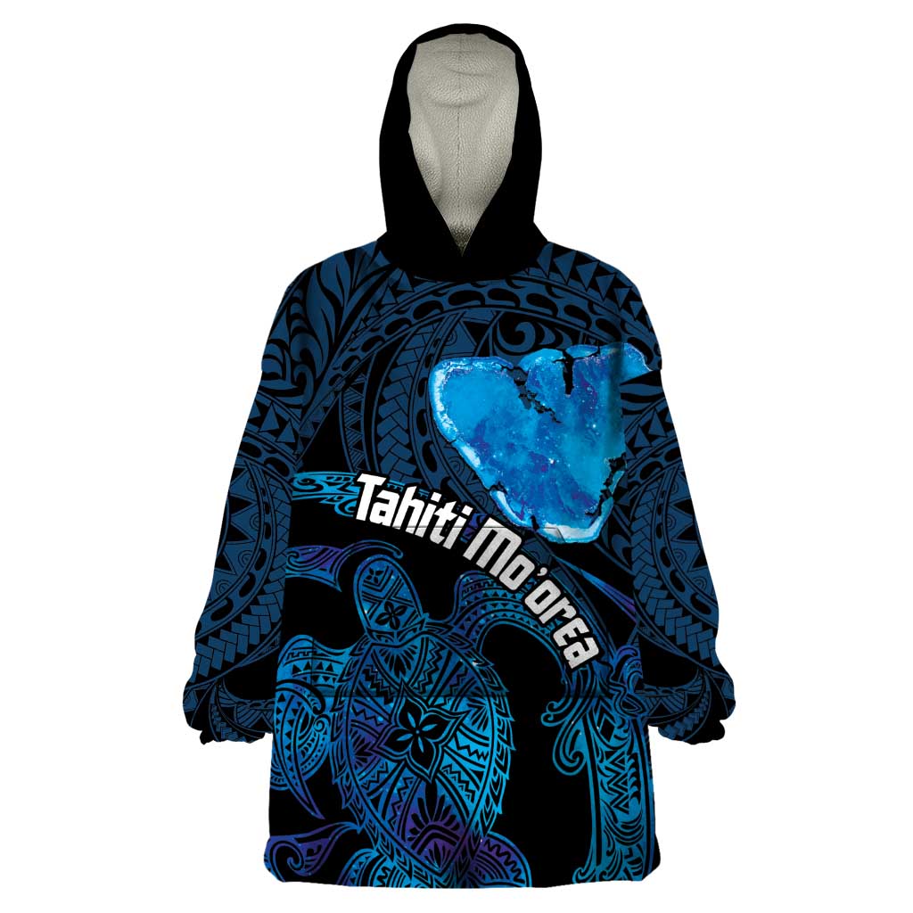 Personalised Tahiti Moorea Atoll Wearable Blanket Hoodie Polynesian Sea Turtle LT14 One Size Blue - Polynesian Pride