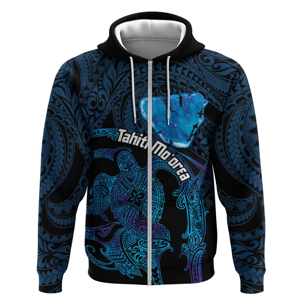 Personalised Tahiti Moorea Atoll Zip Hoodie Polynesian Sea Turtle LT14 Zip Hoodie Blue - Polynesian Pride