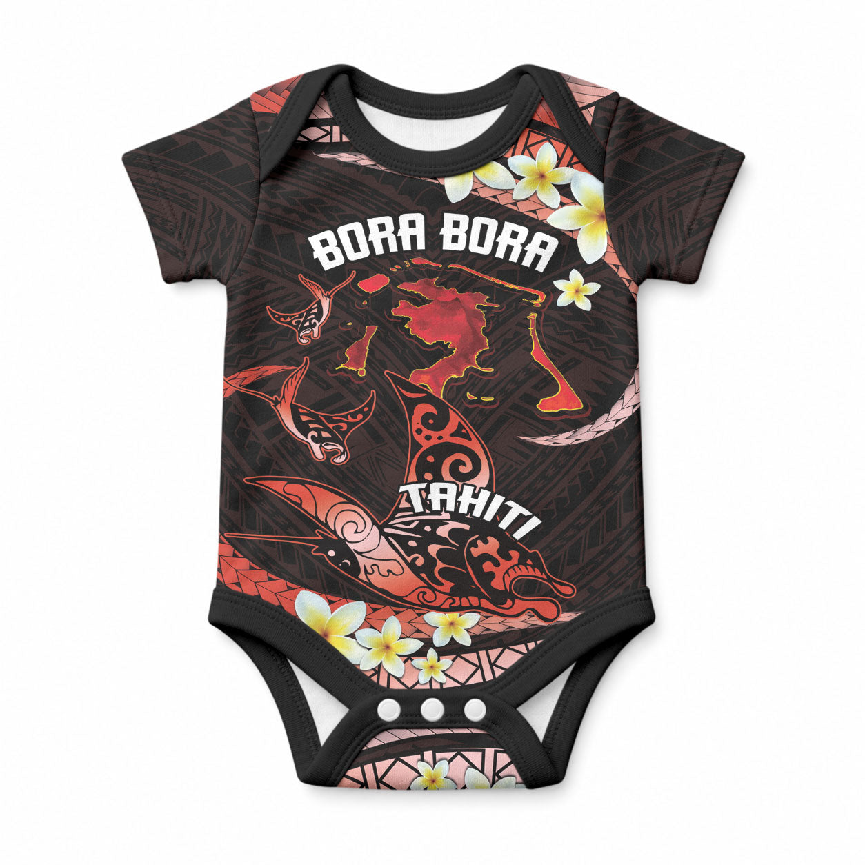 Personalised Tahiti Bora Bora Baby Onesie Manta Rays With Polynesian Plumeria LT14 Red - Polynesian Pride