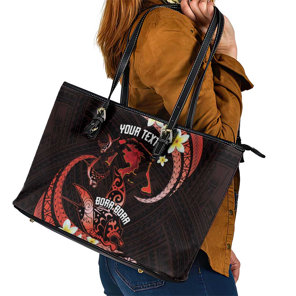 Personalised Tahiti Bora Bora Leather Tote Bag Manta Rays With Polynesian Plumeria LT14 - Polynesian Pride