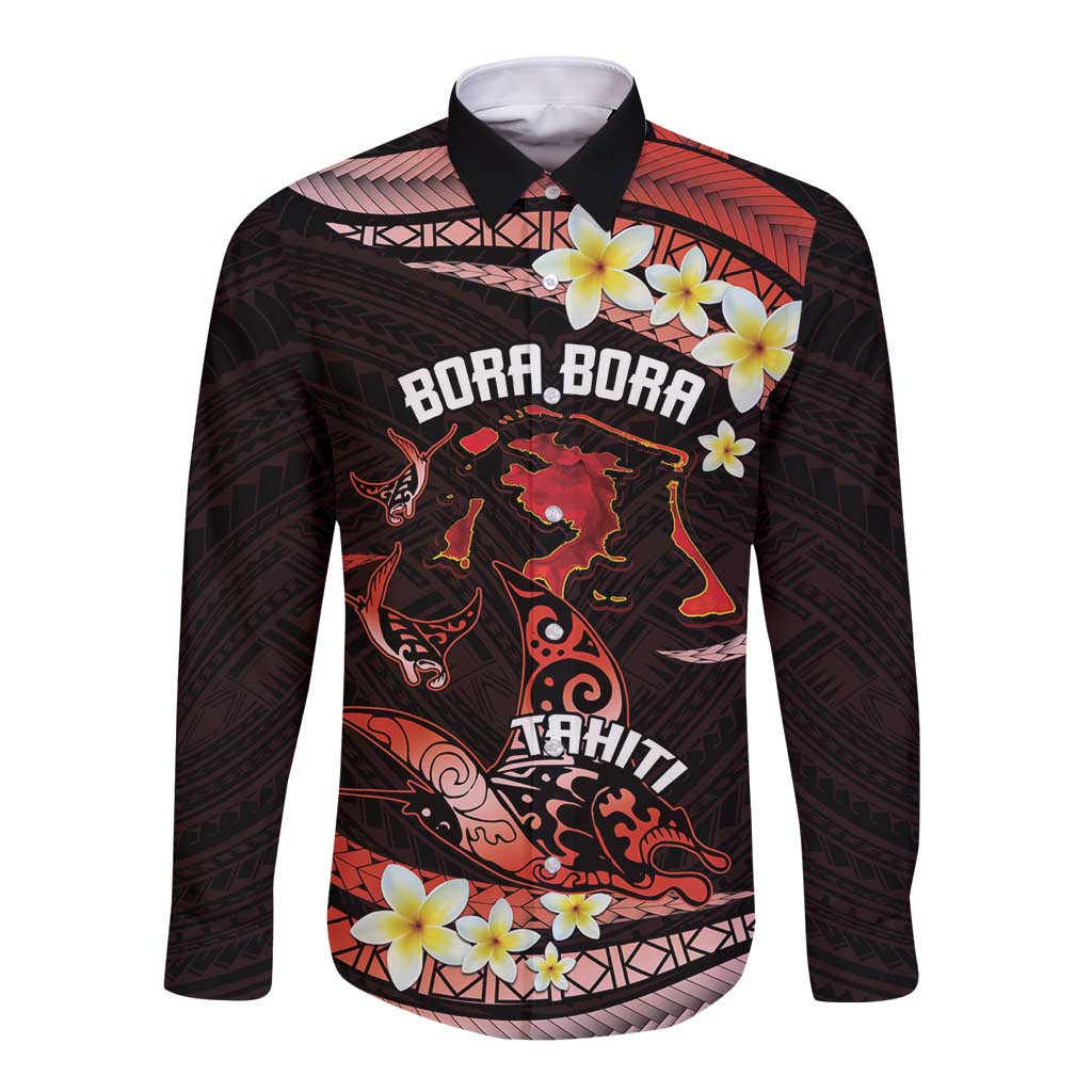 Personalised Tahiti Bora Bora Long Sleeve Button Shirt Manta Rays With Polynesian Plumeria