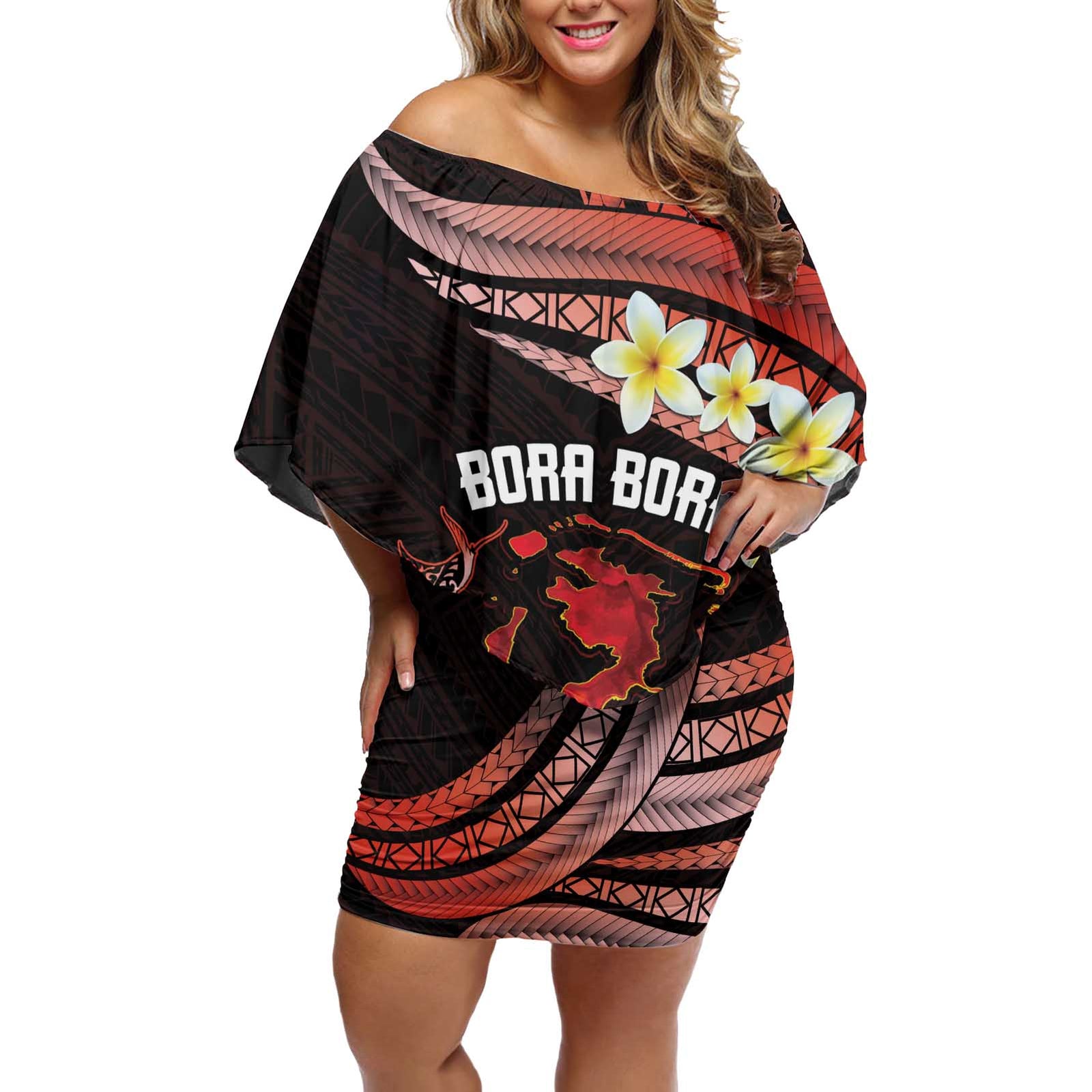 Personalised Tahiti Bora Bora Off Shoulder Short Dress Manta Rays With Polynesian Plumeria LT14 Women Red - Polynesian Pride