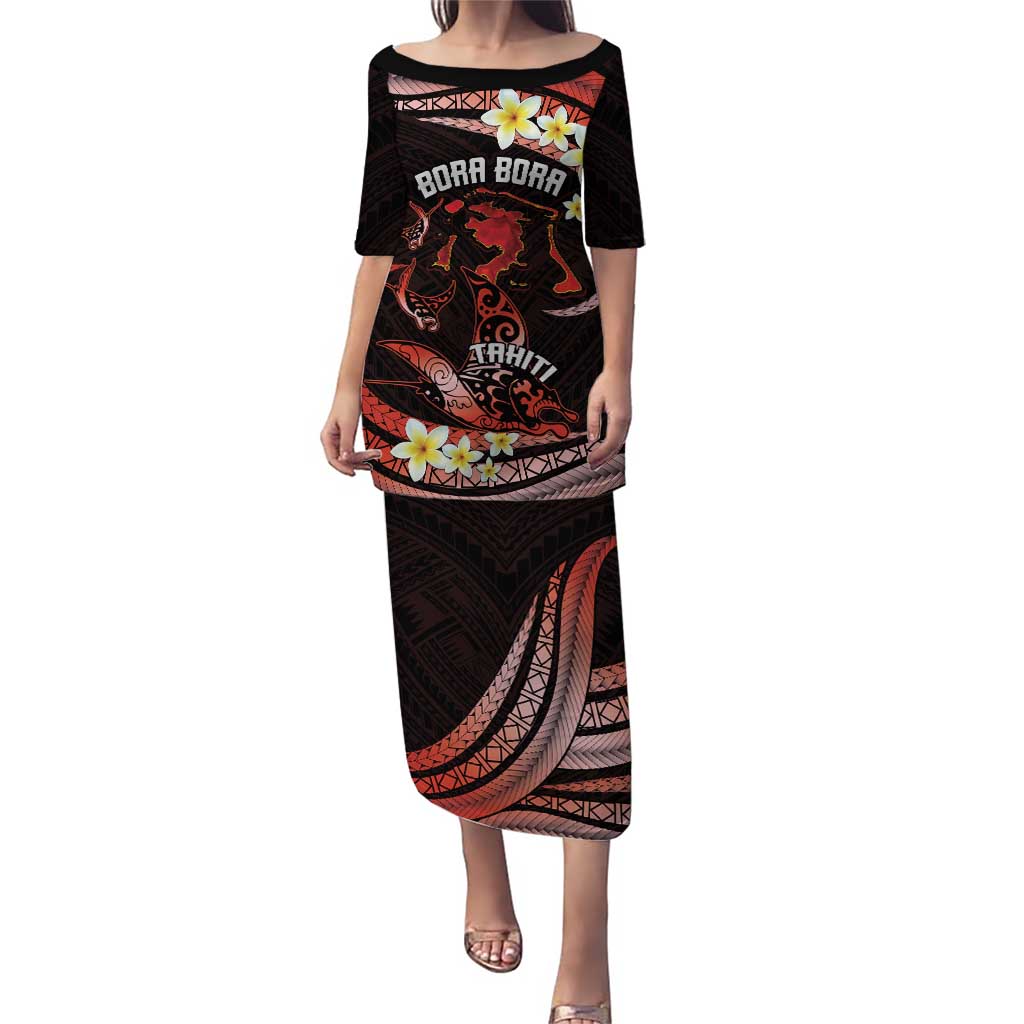 Personalised Tahiti Bora Bora Puletasi Manta Rays With Polynesian Plumeria LT14 Long Dress Red - Polynesian Pride
