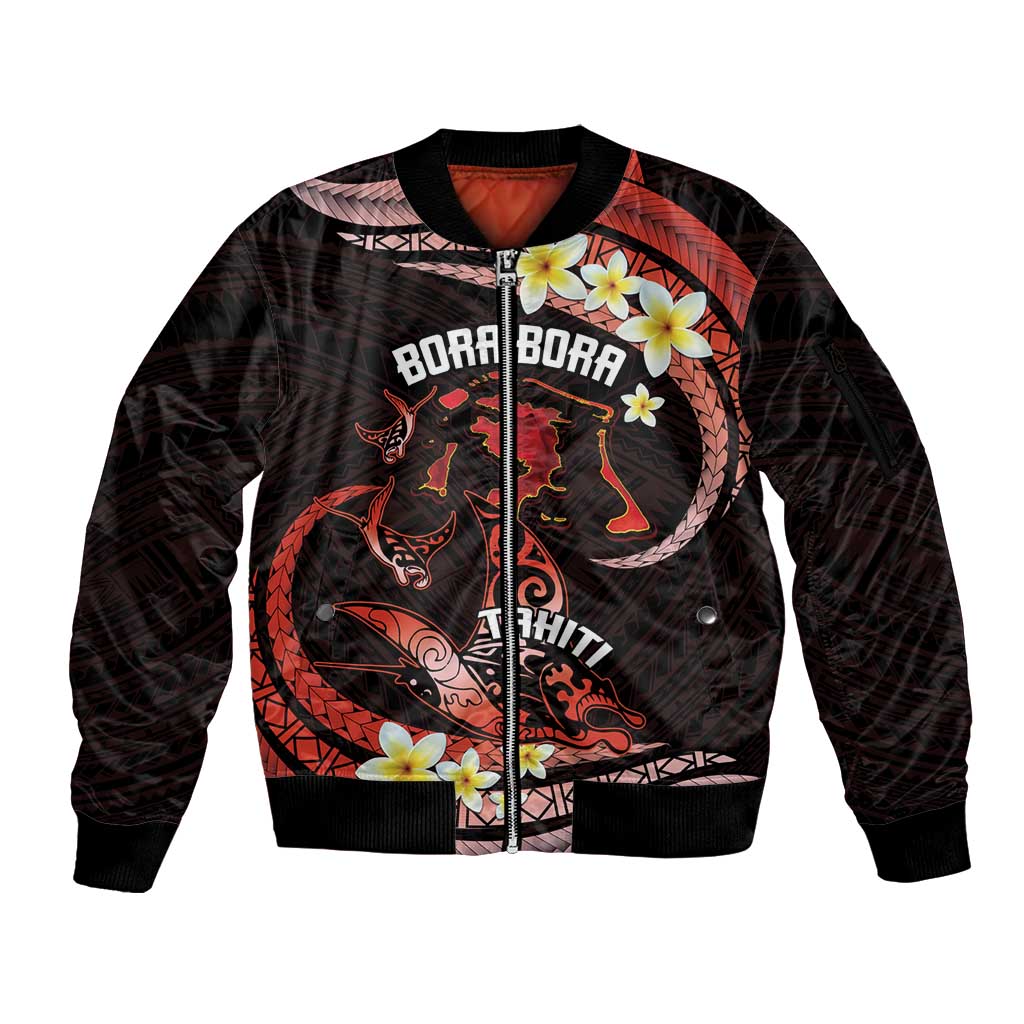 Personalised Tahiti Bora Bora Sleeve Zip Bomber Jacket Manta Rays With Polynesian Plumeria LT14 Unisex Red - Polynesian Pride