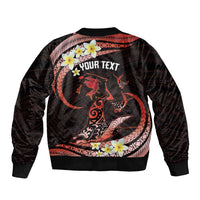 Personalised Tahiti Bora Bora Sleeve Zip Bomber Jacket Manta Rays With Polynesian Plumeria LT14 - Polynesian Pride