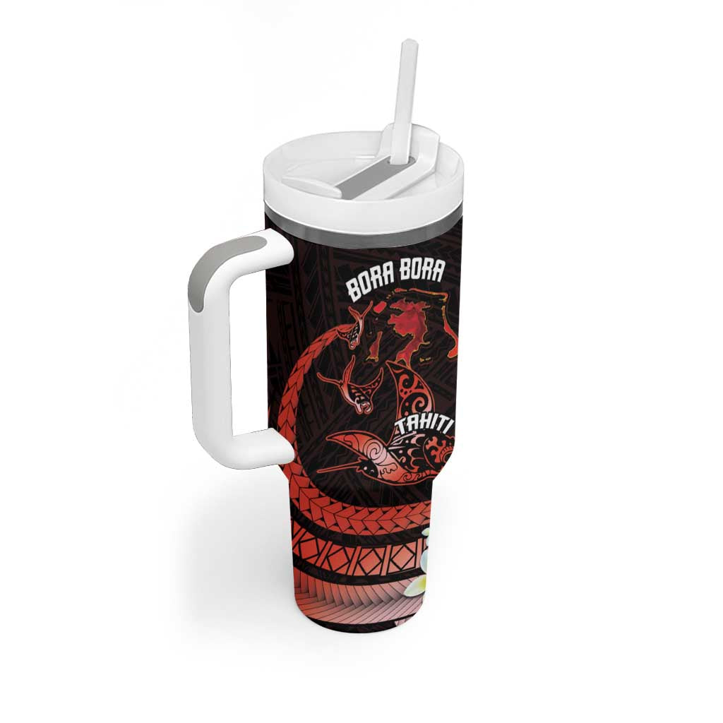 Personalised Tahiti Bora Bora Tumbler With Handle Manta Rays With Polynesian Plumeria LT14 - Polynesian Pride
