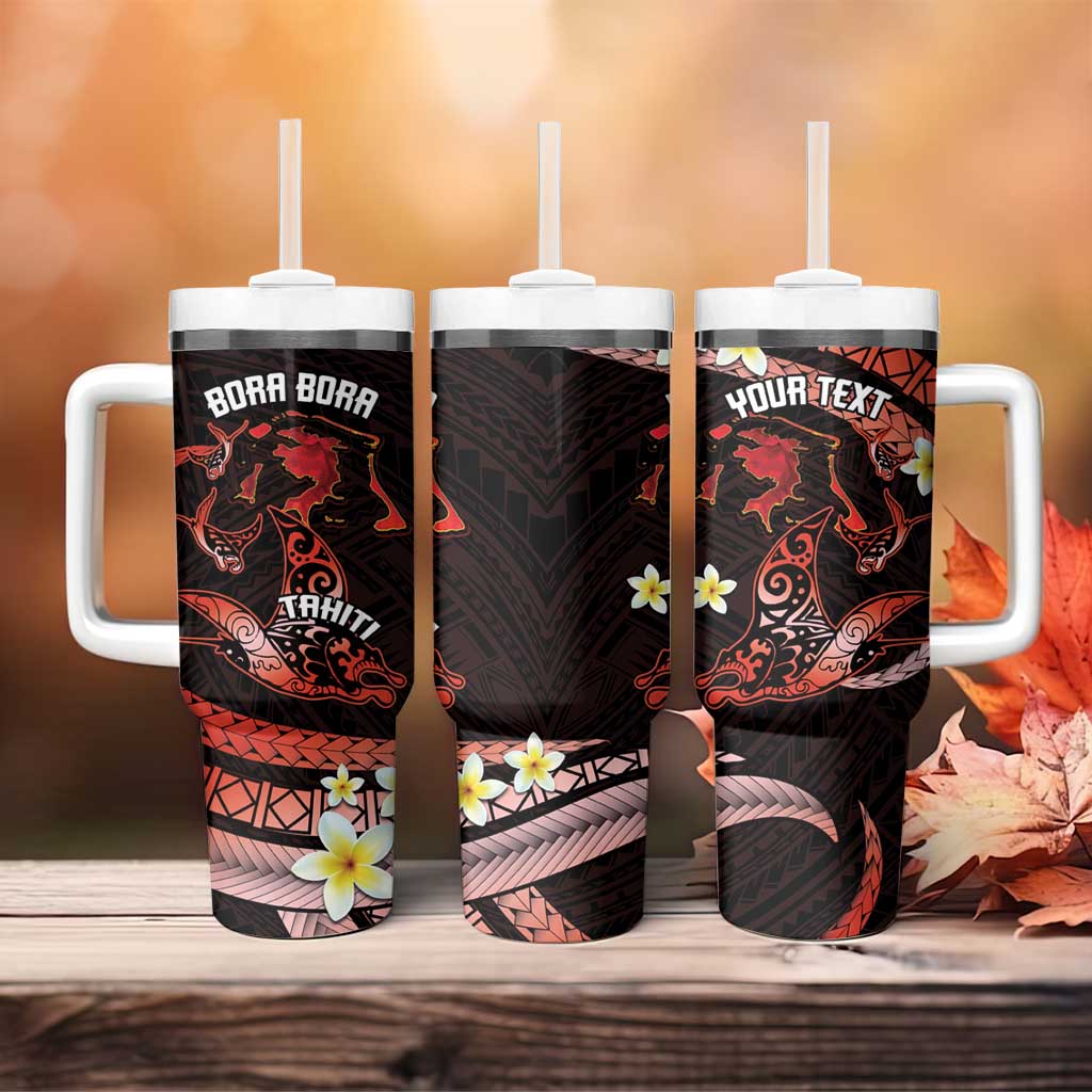 Personalised Tahiti Bora Bora Tumbler With Handle Manta Rays With Polynesian Plumeria LT14 - Polynesian Pride