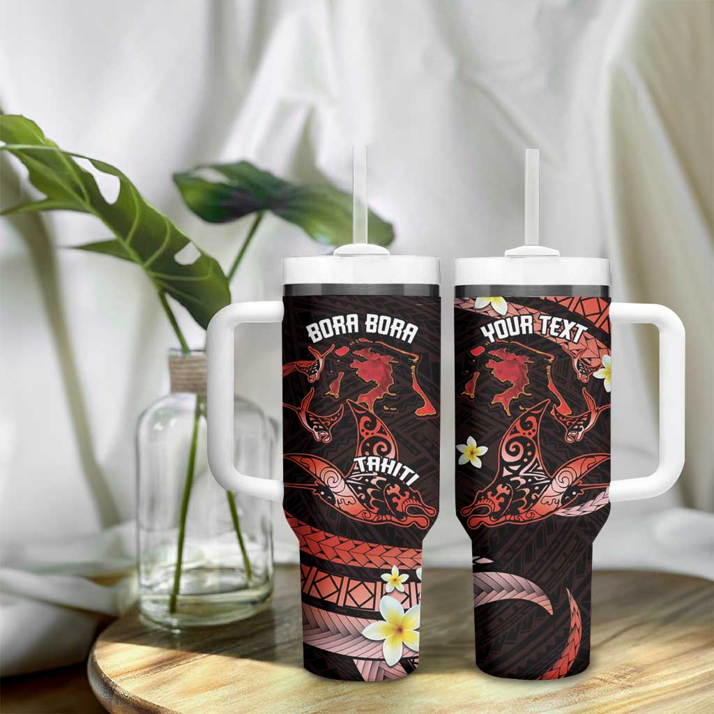 Personalised Tahiti Bora Bora Tumbler With Handle Manta Rays With Polynesian Plumeria LT14 - Polynesian Pride