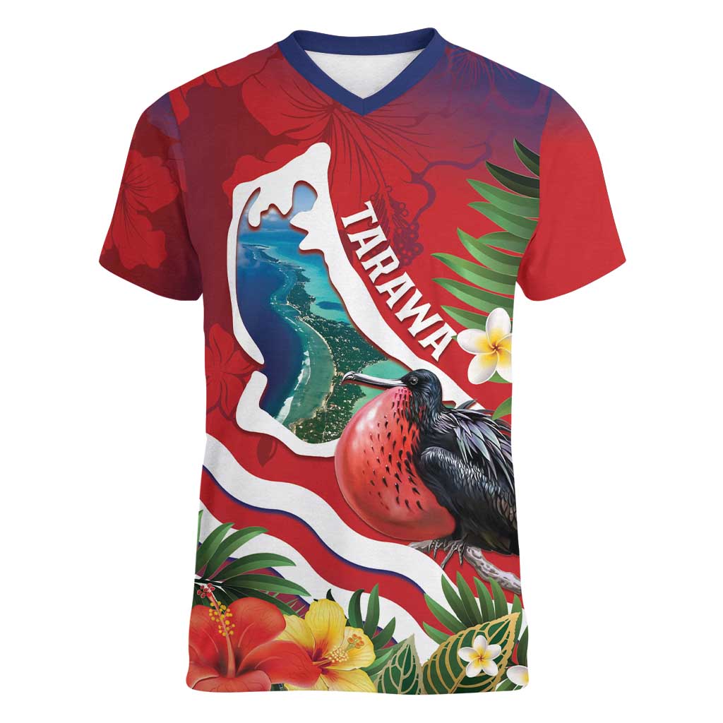 Personalised Kiribati Tarawa Atoll Women V-Neck T-Shirt Frigate Bird With Map Tropical Style