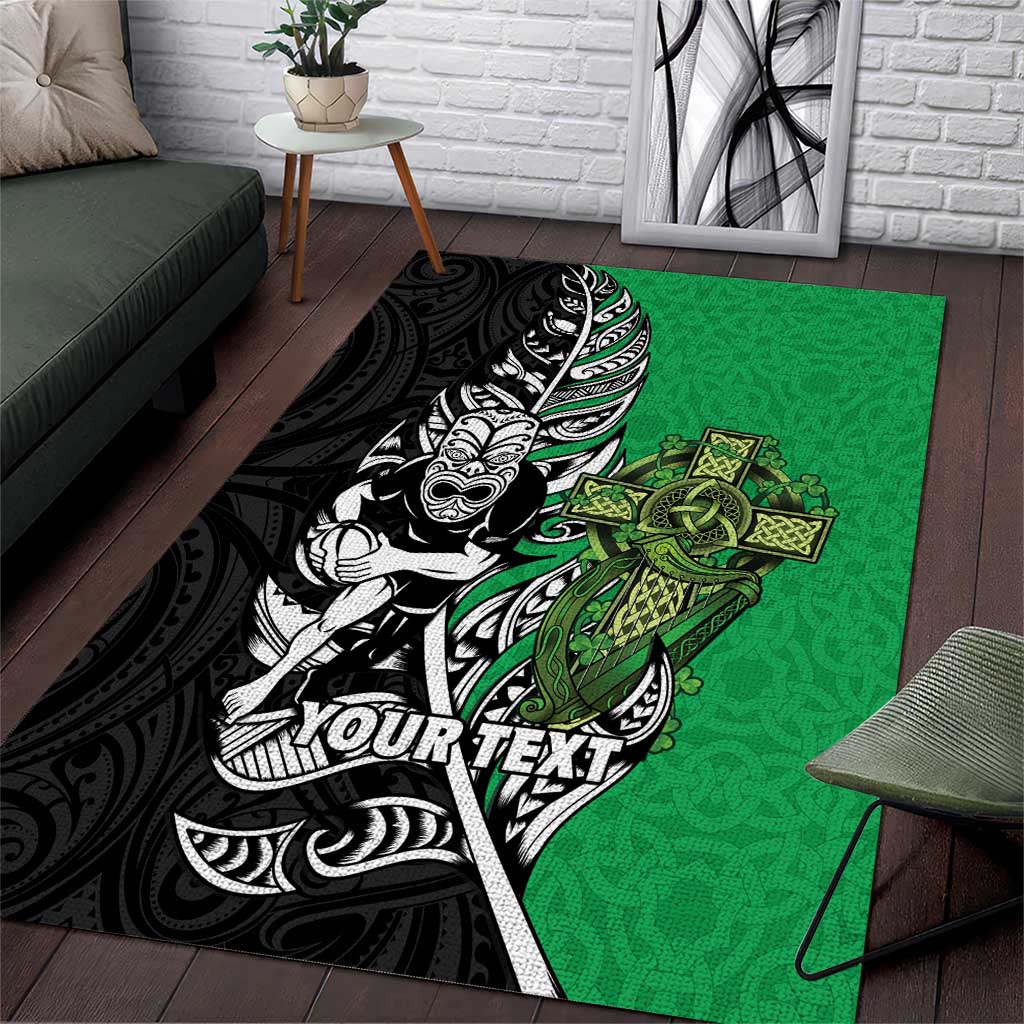 New Zealand and Ireland Rugby Custom Area Rug Maori Tiki Fern Irish Celtic Cross LT14 Green - Polynesian Pride