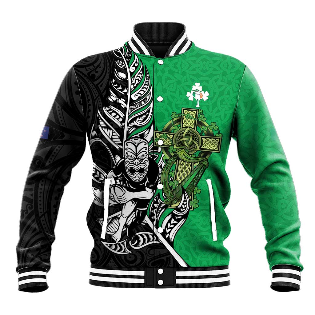 New Zealand and Ireland Rugby Custom Baseball Jacket Maori Tiki Fern Irish Celtic Cross LT14 Unisex Green - Polynesian Pride