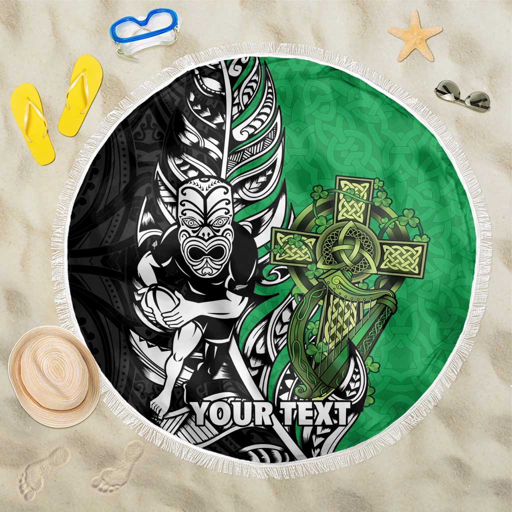 New Zealand and Ireland Rugby Custom Beach Blanket Maori Tiki Fern Irish Celtic Cross LT14 One Size 150cm Green - Polynesian Pride