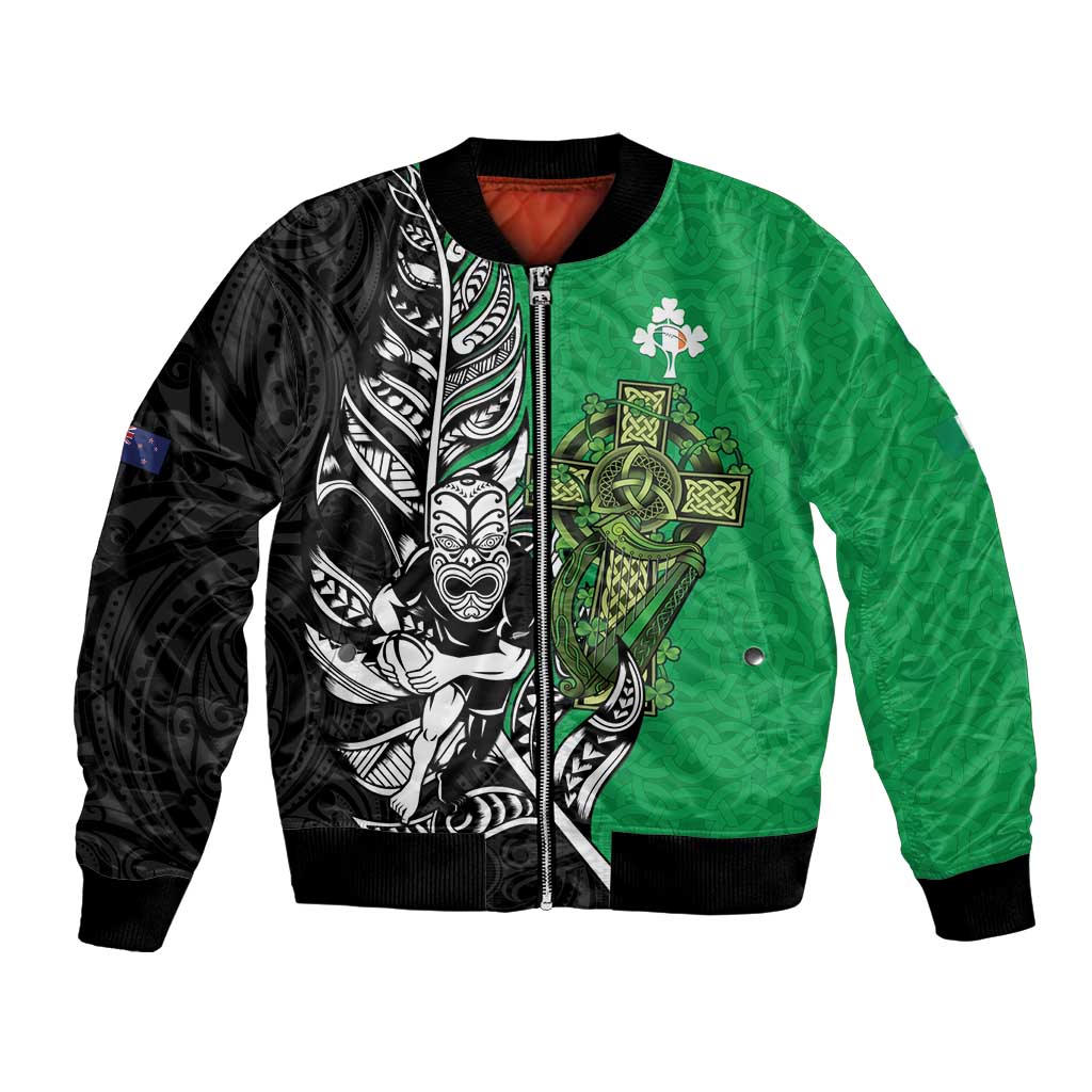 New Zealand and Ireland Rugby Custom Bomber Jacket Maori Tiki Fern Irish Celtic Cross LT14 Unisex Green - Polynesian Pride