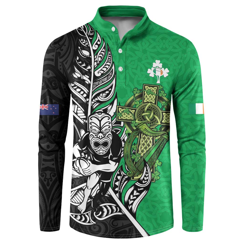 New Zealand and Ireland Rugby Custom Button Sweatshirt Maori Tiki Fern Irish Celtic Cross LT14 Green - Polynesian Pride