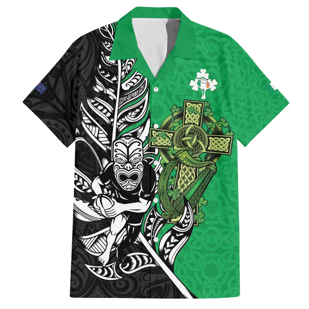 New Zealand and Ireland Rugby Custom Hawaiian Shirt Maori Tiki Fern Irish Celtic Cross LT14 Green - Polynesian Pride