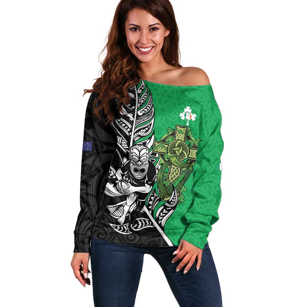 New Zealand and Ireland Rugby Custom Off Shoulder Sweater Maori Tiki Fern Irish Celtic Cross LT14 Women Green - Polynesian Pride