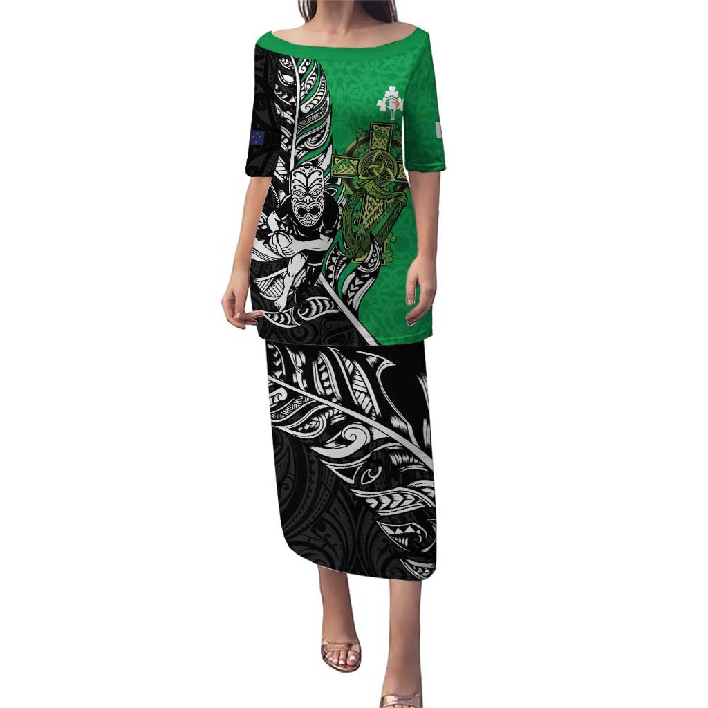 New Zealand and Ireland Rugby Custom Puletasi Maori Tiki Fern Irish Celtic Cross LT14 Long Dress Green - Polynesian Pride