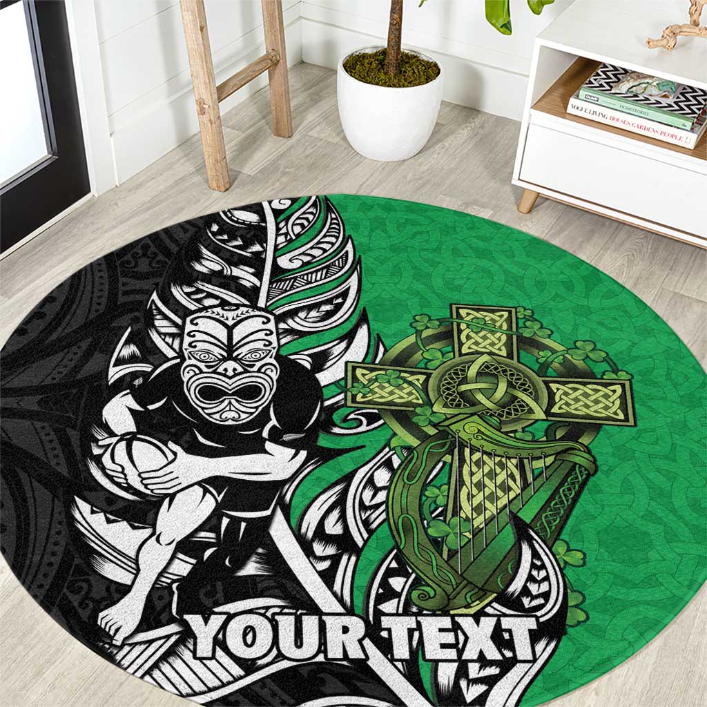 New Zealand and Ireland Rugby Custom Round Carpet Maori Tiki Fern Irish Celtic Cross LT14 Green - Polynesian Pride
