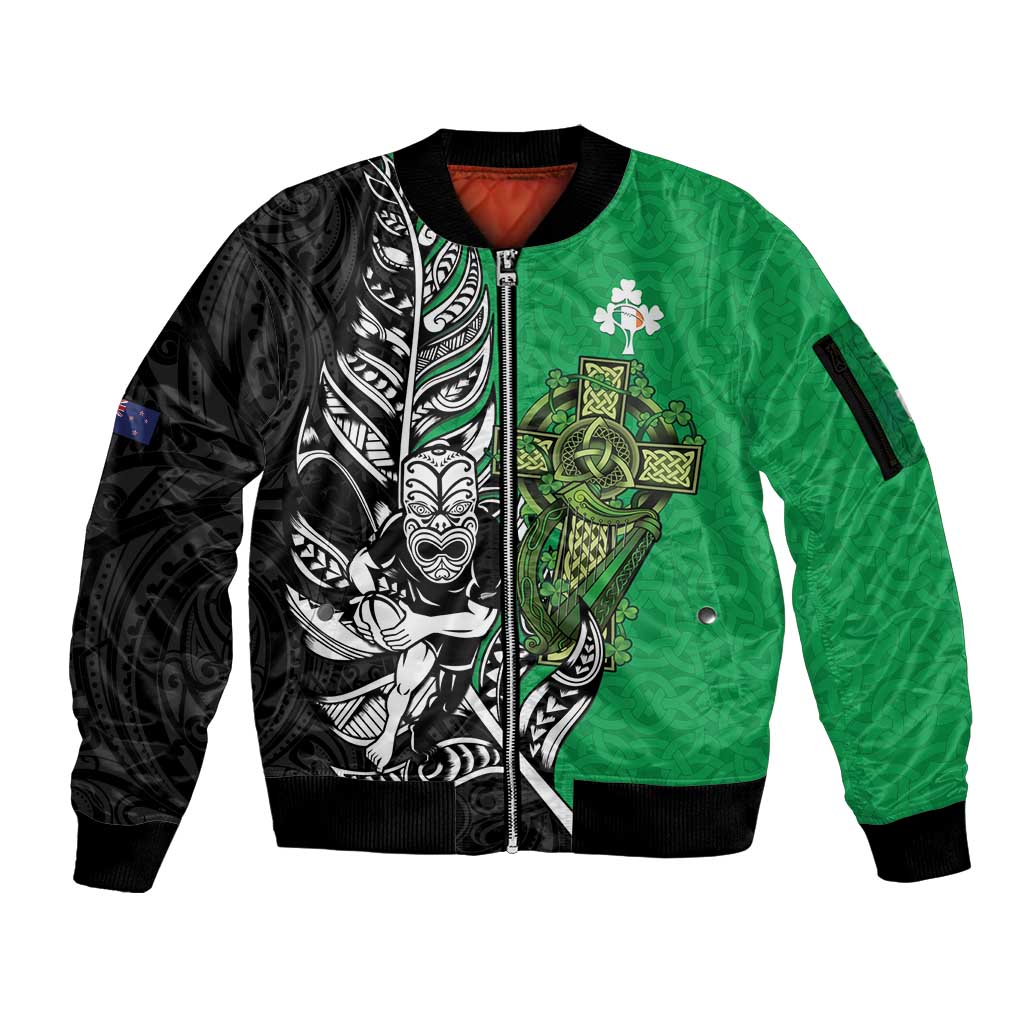 New Zealand and Ireland Rugby Custom Sleeve Zip Bomber Jacket Maori Tiki Fern Irish Celtic Cross LT14 Unisex Green - Polynesian Pride