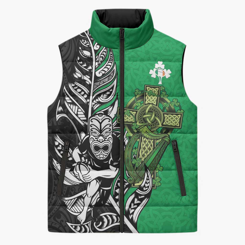 New Zealand and Ireland Rugby Custom Sleeveless Puffer Jacket Maori Tiki Fern Irish Celtic Cross LT14 Unisex Green - Polynesian Pride