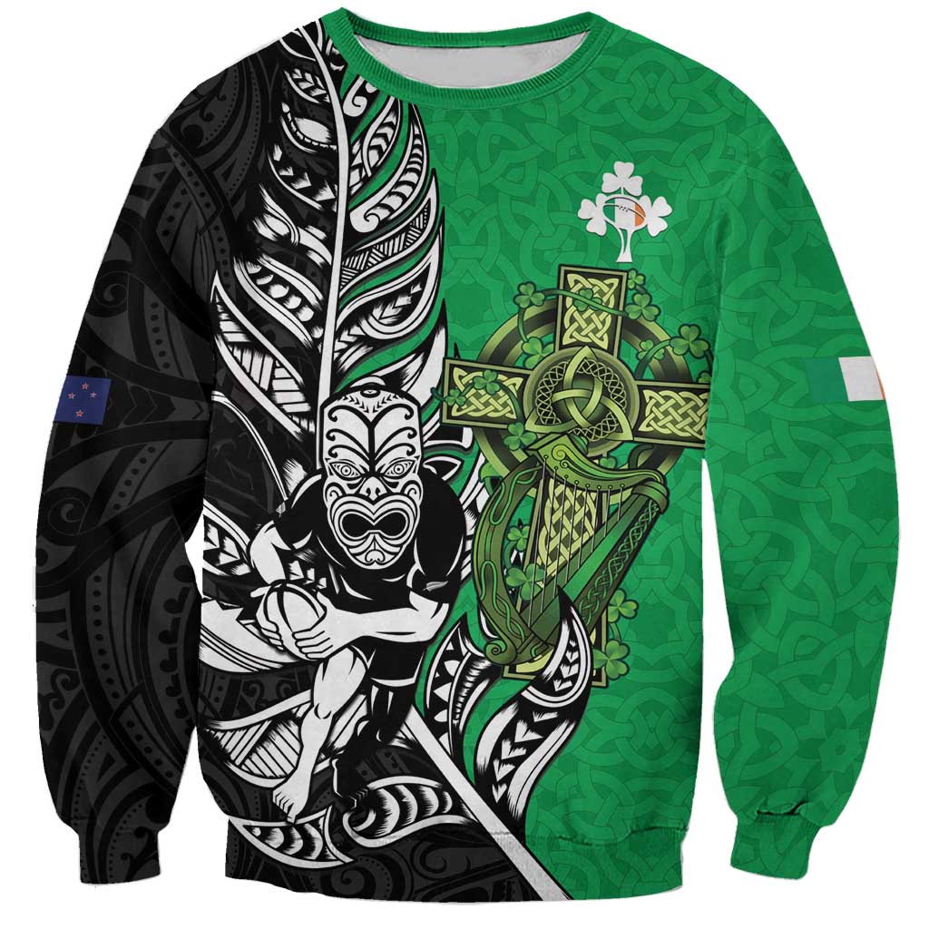 New Zealand and Ireland Rugby Custom Sweatshirt Maori Tiki Fern Irish Celtic Cross LT14 Unisex Green - Polynesian Pride