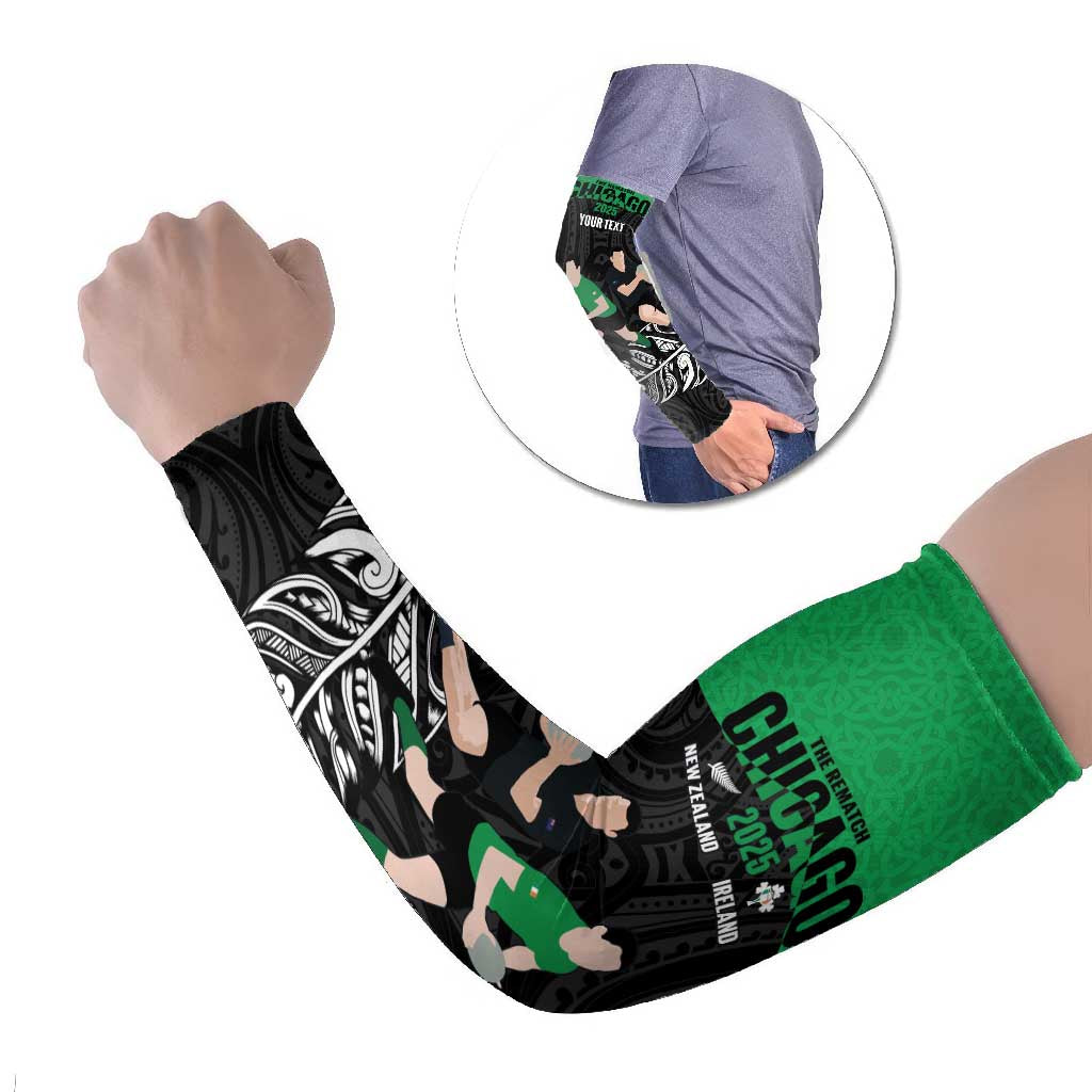 New Zealand and Ireland Rugby Custom Arm Sleeves Chicago 2025 Go All Black Shamrocks LT14 Set of 2 Black - Polynesian Pride