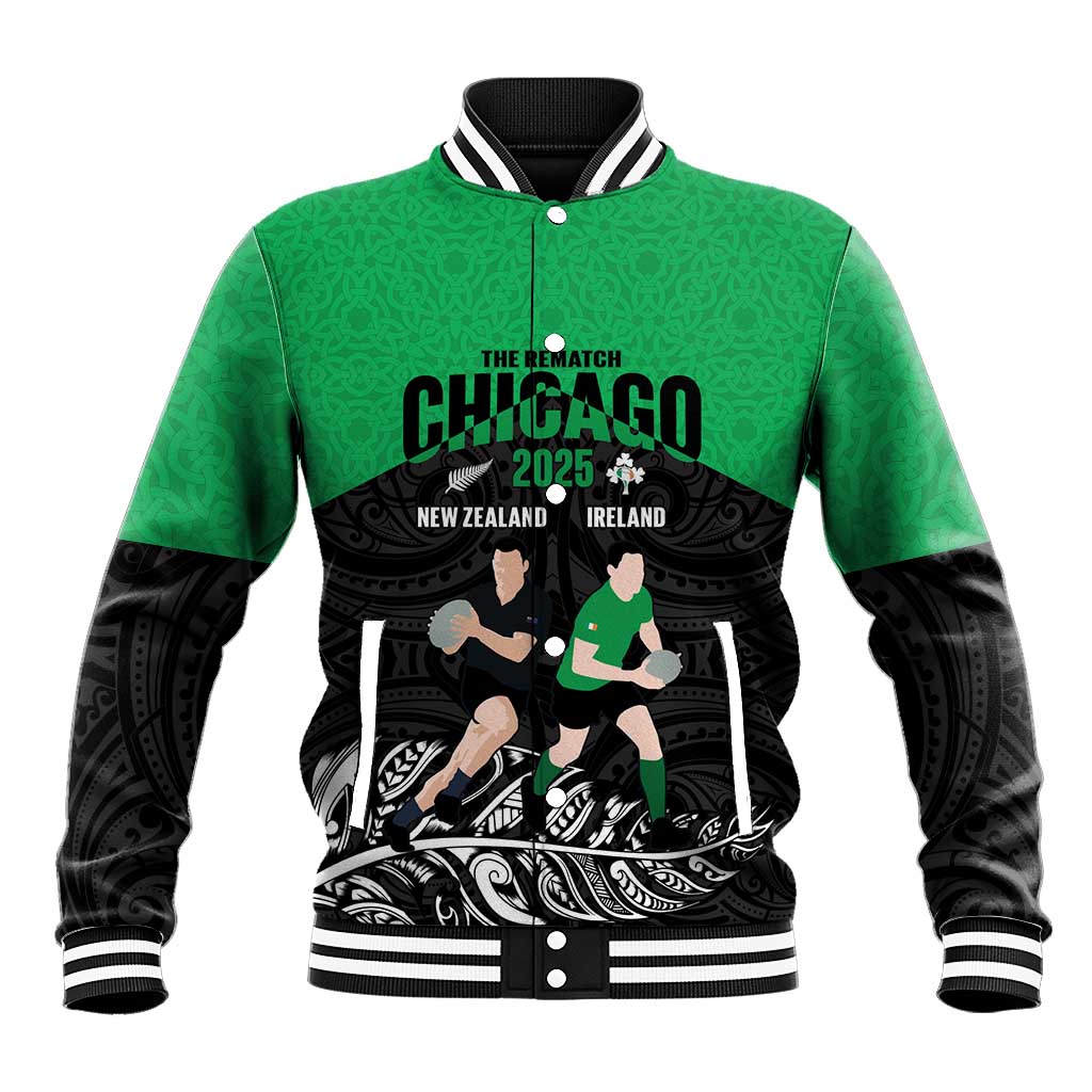 New Zealand and Ireland Rugby Custom Baseball Jacket Chicago 2025 Go All Black Shamrocks LT14 Unisex Black - Polynesian Pride