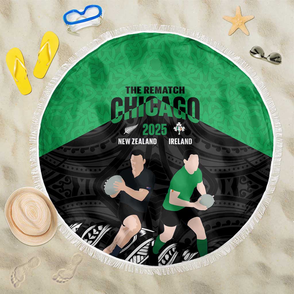 New Zealand and Ireland Rugby Beach Blanket Chicago 2025 Go All Black Shamrocks LT14 One Size 150cm Black - Polynesian Pride