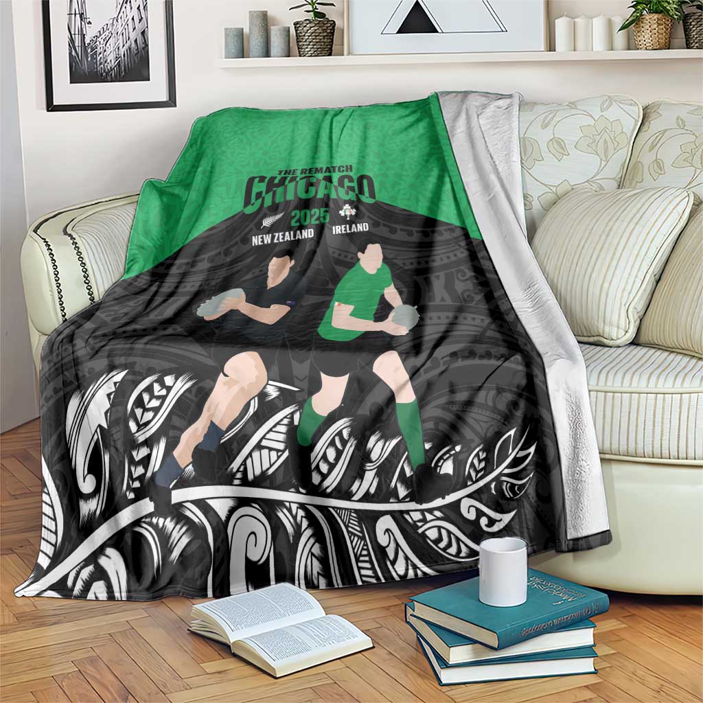 New Zealand and Ireland Rugby Blanket Chicago 2025 Go All Black Shamrocks LT14 Black - Polynesian Pride